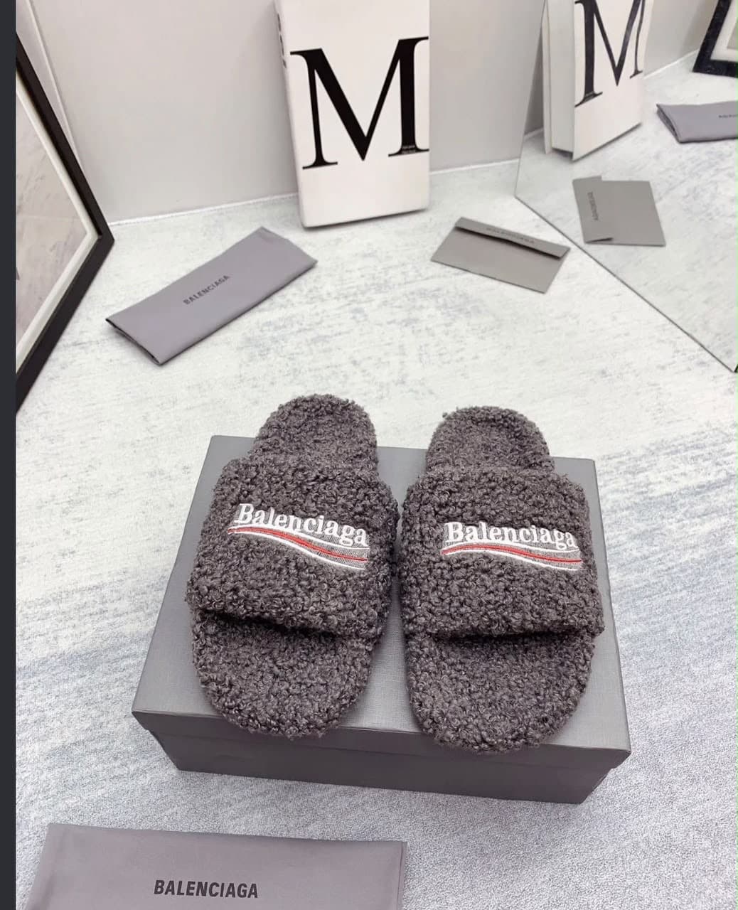 Balenciaga Furry Slides, Dark Grey